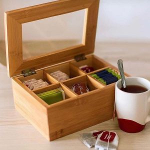 علبة شاي خشب بغطاء زجاج